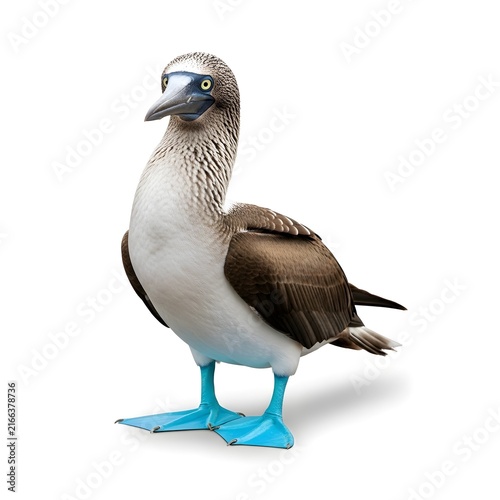 Blue-footed booby bird standing isolated on white background, marine wildlife photography.