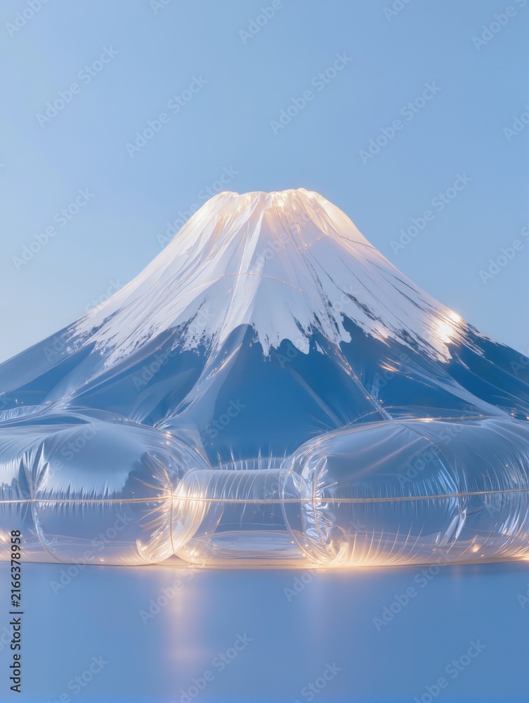 Fototapeta premium Mount Fuji recreated as a stylized transparent inflatable landscape sculpture, symmetrical volcanic cone with a softly inflated snowcap and subtle folds, luminous translucent edges