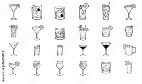 Collection of minimalist cocktail sketches for bar menus and beverage lists.