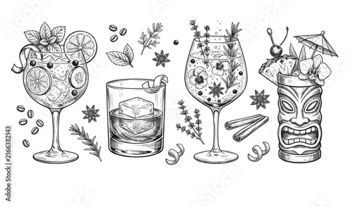 Hand-drawn engraving style cocktail sketches with garnishes for menus and craft bar branding.