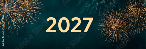Golden 2027 text on deep green textured background. Clean, modern design. Perfect for year-end, anniversary, or futuristic project themes. Suitable for corporate, tech, or celebration visuals