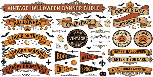 Vintage halloween banner bundle with retro pumpkins bats and spooky typography elements spooky season trick or treat halloween collection creepy design illustration celebration invitation
