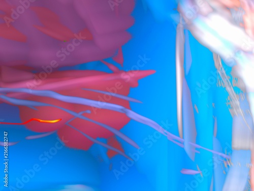 Abstract long exposure light painting with vibrant blue background pink patches and sweeping pale purple trails