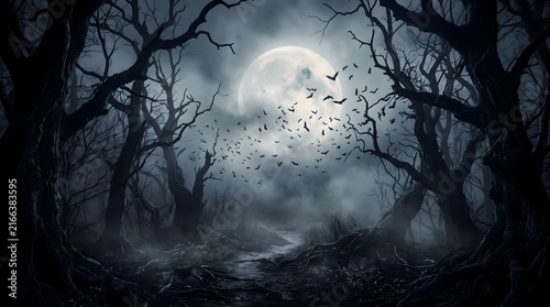 A spooky dark forest landscape at night with a bright full moon and a swarm of flying bats
