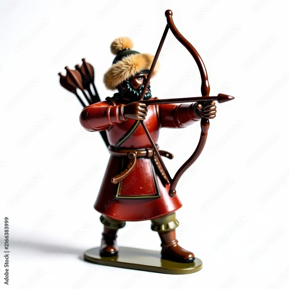 Obraz premium Mongol archer toy soldier wearing traditional lacquered armor and fur hat with bow drawn and quiver of arrows on white background