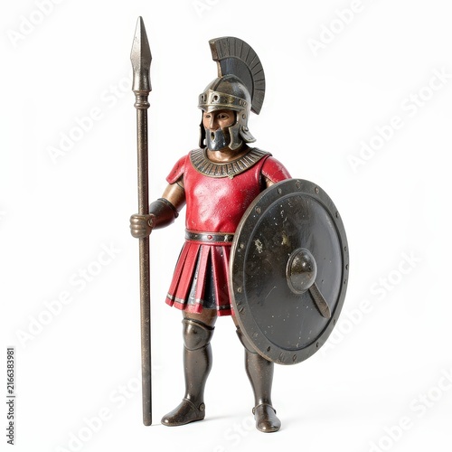 Ancient greek hoplite toy soldier in bronze helmet with crest, red tunic, round shield, and spear on white background