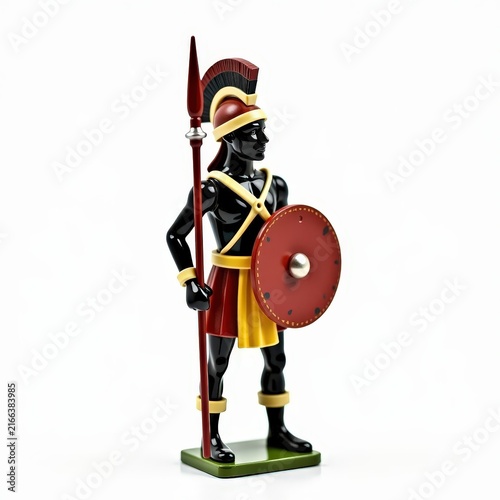 Zulu warrior toy soldier with traditional shield, spear, and feathered headband in historically accurate attire on white background