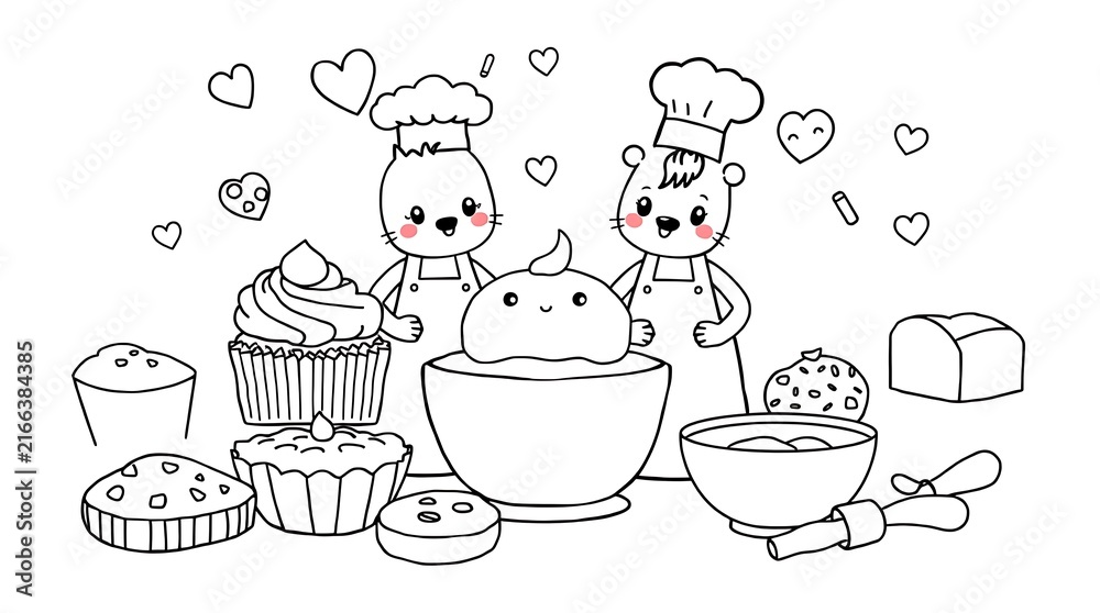 Obraz premium Adorable bakery themed coloring page for kids, cute animal chefs with mixing bowl cupcakes cookies bread and floating hearts vector line art 