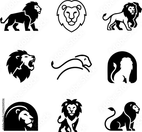 Canvastavla Lion logo set with conceptual words, black minimalist vector icons