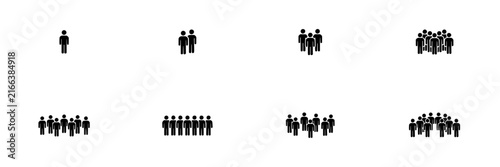People set with diverse group sizes featuring single figure, pair, trio, crowd, gathering, assembly and congregation with silhouette style