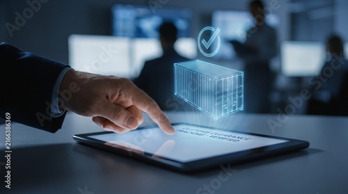 Logistics manager using a digital tablet to monitor international shipping container delivery with high tech holographic supply chain tracking software