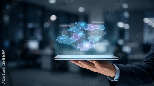 A professional business person holding a digital tablet featuring an interactive holographic map for global logistics and strategic data analysis