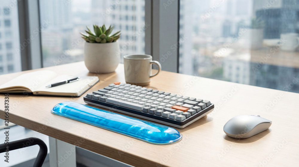 Fototapeta premium Mechanical keyboard with cooling gel wrist pad on wooden desk with mouse, notebook, pen, coffee cup, and plant near window
