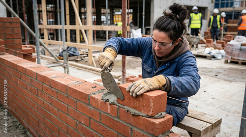 Obraz w ramie Skilled bricklayer constructing a red brick wall.