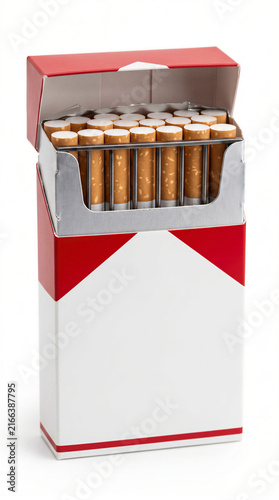 Red cigarette pack designed as a jail cell with metal bars trapping cigarettes, conceptual image representing tobacco addiction, smoking habit, dependency, and health trap.
