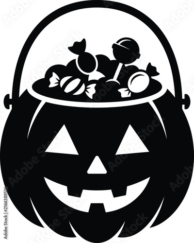 Black and white illustration of a jack o lantern bucket overflowing with halloween candy
