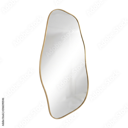 Irregular shaped wall mirror featuring elegant gold metal frame design isolated on clean surface display captured on transparent background