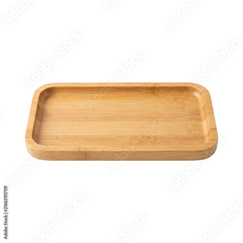 Rectangular wooden serving tray made from organic bamboo featuring smooth rounded edges isolated in high resolution studio lighting on transparent background