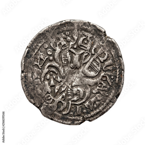 Ancient silver medieval coin featuring intricate stamped worn relief engravings with detailed weathered texture isolated for display on transparent background