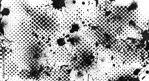 Black Ink Splatter Halftone Dot Grunge Texture, Abstract Comic Book Pop Art Background with Paint Splashes and Distressed Pattern
