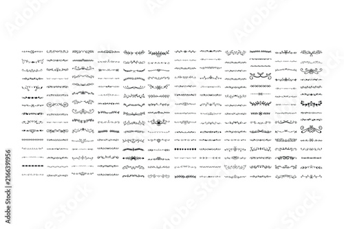 Collection of black hand-drawn floral and geometric text dividers, flourishes, and decorative line separators on a white background