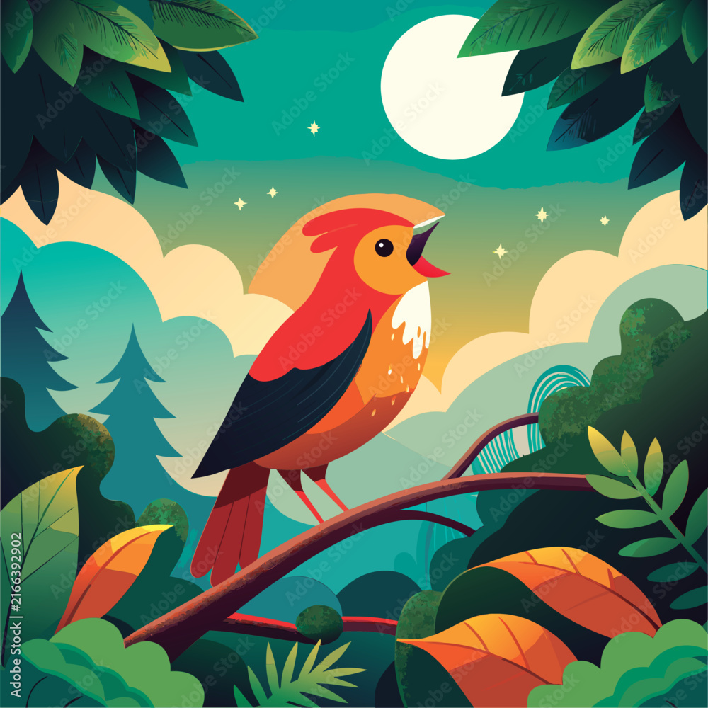 Naklejka premium Singing bird in a vibrant forest scene.