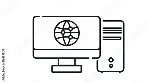 Desktop computer tower and monitor with global network globe symbol on screen vector icon. Black line art style on white background. 