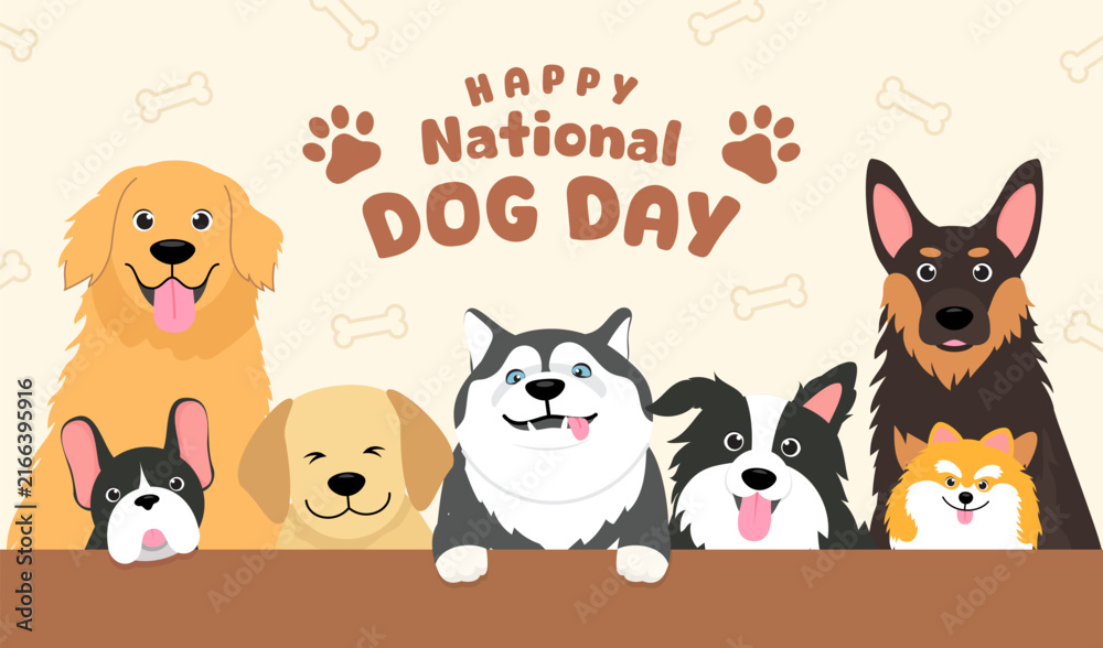 Fototapeta premium Happy National Dog Day greeting card vector design. Cute cartoon dogs on brown bone pattern background