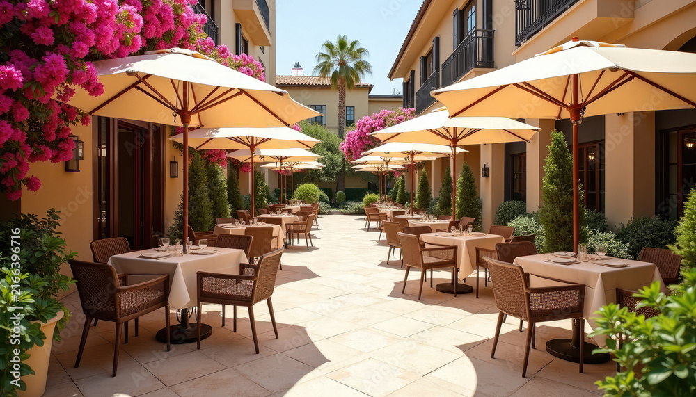 Fototapeta premium Luxury outdoor restaurant terrace with tables under umbrellas between hotel building. Mediterranean courtyard cafe patio for summer vacation travel and hospitality