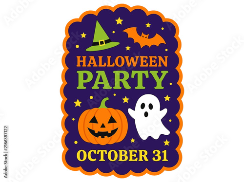 Halloween Party Sticker Badge with October 31 Text, Pumpkin, Ghost, and Bat Illustration