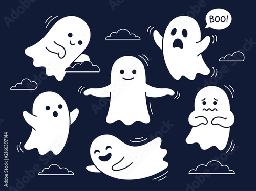 Cute hand-drawn ghost characters with diverse expressions