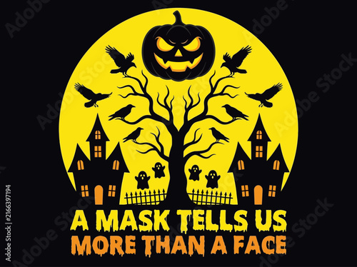 Halloween Spooky Tree Illustration with Haunted House, Ravens, and Jack-o'-lantern Silhouette over Yellow Moon