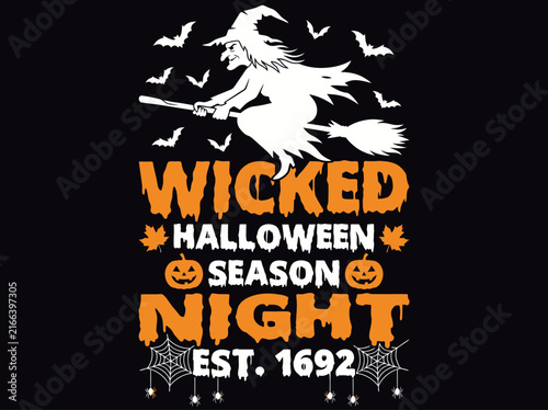 Vintage Wicked Halloween Season Night Graphic with Flying Witch and Bats