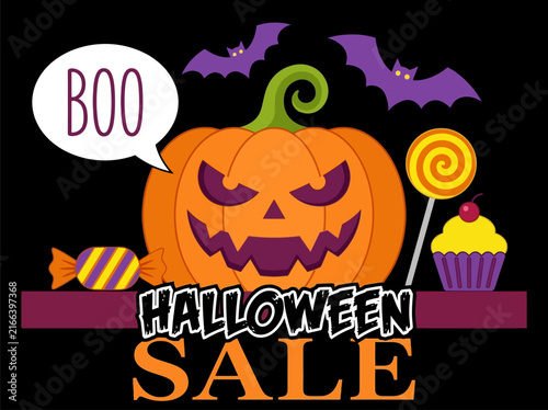 Halloween Sale Banner with Jack-O-Lantern, Bats, and Sweets