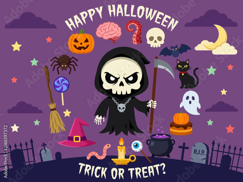 Cute Cartoon Halloween Vector Illustration with Grim Reaper and Spooky Icons