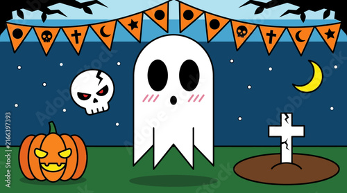 Cute Halloween Cartoon with Ghost, Pumpkin, Skull, and Graveyard Scene