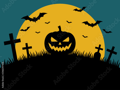 Halloween Spooky Silhouette Jack-o'-Lantern Graveyard and Full Moon Night Scene