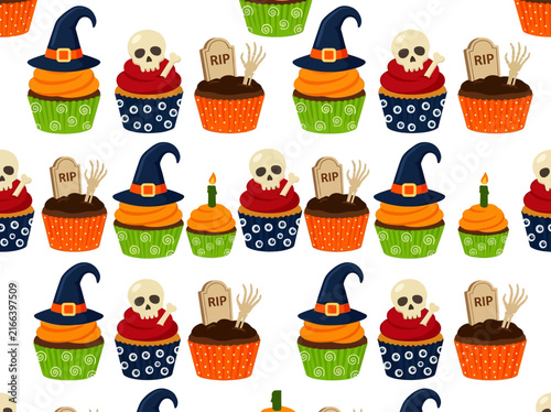 Seamless Halloween Cupcake Pattern with Skulls and Witch Hats