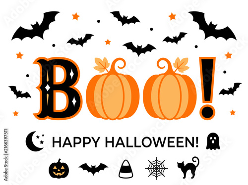 Boo Halloween Greeting Illustration with Pumpkins and Bats