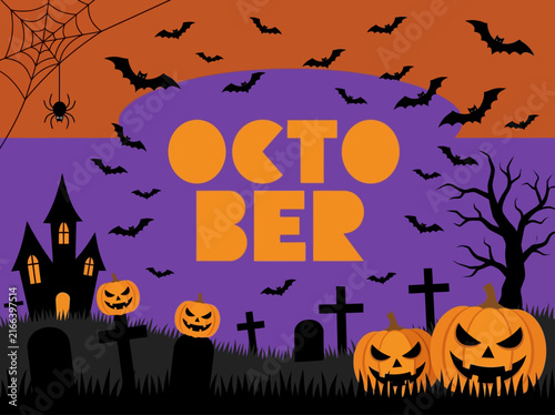 Spooky October Halloween Illustration with Jack-o'-Lanterns and Haunted House