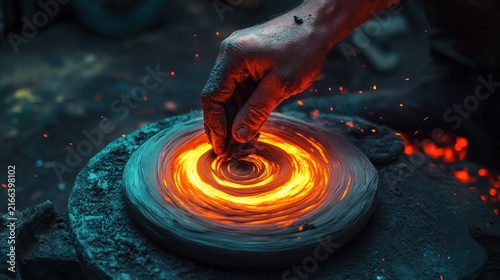 Potter shaping clay with fire, workshop, sparks, craft