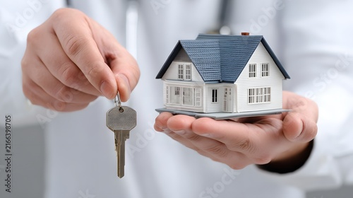Real estate agent holding house model and keys symbolizing home purchase with property management buying a house home ownership miniature house hand holding family home property purchase