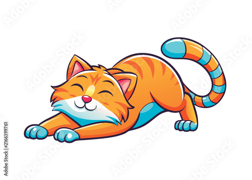 Cute orange cat stretching happily.