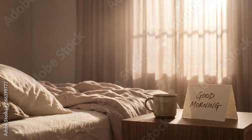 Cozy Warm Bedroom Interior With Steaming Coffee Cup And Good Morning Note