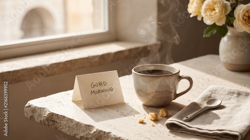 Minimalist Morning Coffee Cup With Hand Written Greeting Card Concept