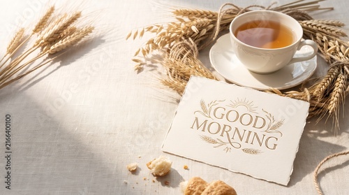 Rustic Morning Greeting Card With Hot Tea And Wheat Still Life