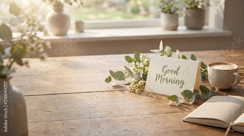 Minimalist Good Morning Greeting Card with Flowers on Wooden Table Lifestyle