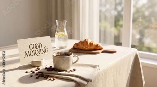 Minimalist Good Morning Text Card with Coffee and Croissant Lifestyle Concept