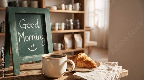 Rustic Green Blackboard Good Morning Sign With Coffee And Croissant Concept