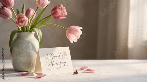 Elegant Pink Tulip Flower Bouquet With Good Morning Greeting Card Still Life